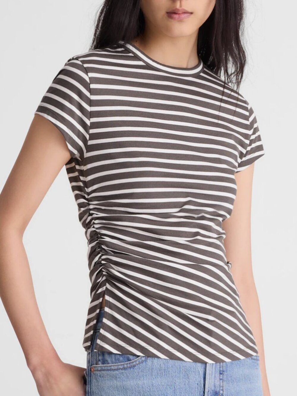 Madewell Asymmetric Ruched Jersey Short Sleeve Tee Gray Stripes Size XL